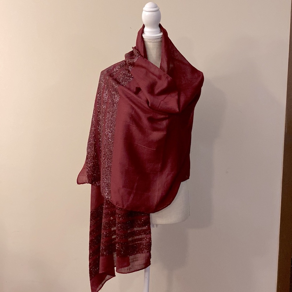 Ellen Tracy maroon dressy embellished soft wrap / shawl 72”x 28”